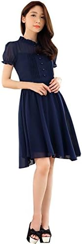 JK2 Women's Hight Lotus Neck Chiffon Pleated Short Sleeve Everyday Dresses (6,Navy Blue)