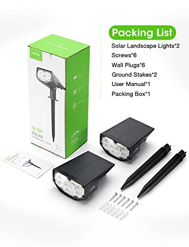 LITOM 12 LED Solar Landscape Spotlights, IP67 Waterproof Solar Powered Wall Lights 2-in-1 Wireless Outdoor Solar Landscaping Light for Yard Garden Driveway Porch Walkway Pool Patio 2 Pack Warm White - Thumbnail 7