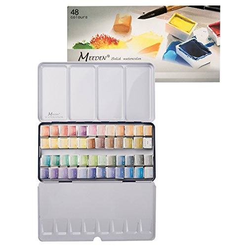 MEEDEN Art Watercolor Tin Palette Paint Set with 48 Colors Half Pan Paints Portable Watercolor Paint Set Navy Blue Enamel Exterior, for Field Sketch, Journey, Coloring, Watercolor Supplies