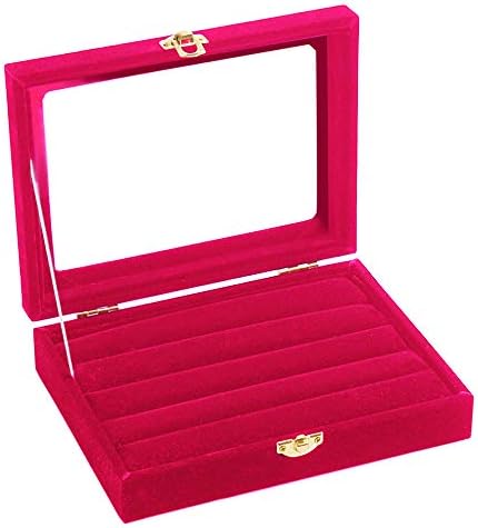 OHQ Velvet Glass Jewelry Ring Display Organizer Case Tray Holder Earring Storage Box (Hot Pink)