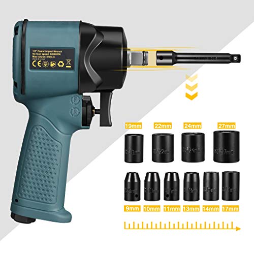 URCERI Impact Wrench Air 1/2" Super Duty Pneumatic Tool Power Composite Impact Wrench, High Torque, Square Drive, 10Pcs Driver Impact Sockets