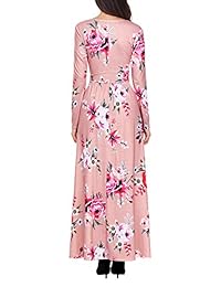 lovezesent Floral de la mujer Imprimir cuello en V manga larga Maxi vestido Casual