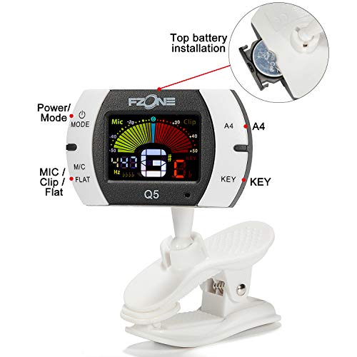 Fzone Q5 Chromatic Clip-on Tuner for Guitar, Ukulele, Bass, Violin, Banjo and Woodwind Instruments, Full Color LCD,Extra Mic Function-A4 Calibration