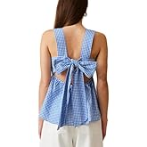 Women Gingham Babydoll Tank Top Cute Sleeveless Backless Wide Straps Peplum Shirt Y2K Square Neck Bowtie Cami Top