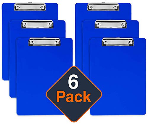 Plastic Clipboards (Set of 6) Multi Pack Clipboard (Blue) Strong 12.5 x 9 Inch | Holds 100 Sheets! Acrylic Clipboards with Low Profile Clip | Cute Clip Boards Board Clips