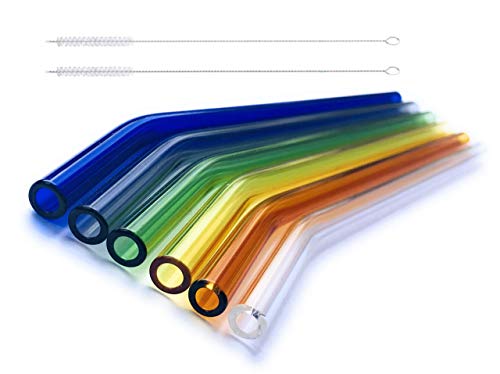safe2bio 6 Stück farbige Premium Strohhalme aus Glas inkl. 2 Reinigungsbürsten, Trinkhalme bunt 20 cm lang, Glasstrohalme AD 8 mm, Trinkhalm recyclebar, Cocktail, Smoothie, gebogen