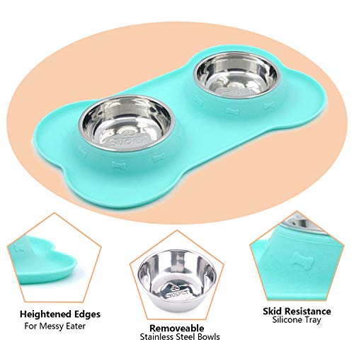 Super Design Double Bowl Pet Feeder Stainless Steel Food Water Bowls with No Spill Silicone Mat for Dogs Cats, Medium, Light Green - Thumbnail 5