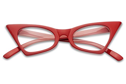 1950's Retro Vintage High Pointed Colorful Clear Lens Geometric Cat Eye Glasses Non-Prescription (Cherry Red, Clear)