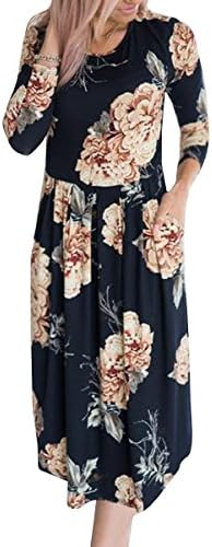 YIBU Apparel Women 3/4 Sleeve Floral Midi Dress Casual Empire Waist Loose Pleated Dress with Pockets