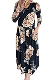 YIBU Apparel Women 3/4 Sleeve Floral Midi Dress Casual Empire Waist Loose Pleated Dress with Pockets