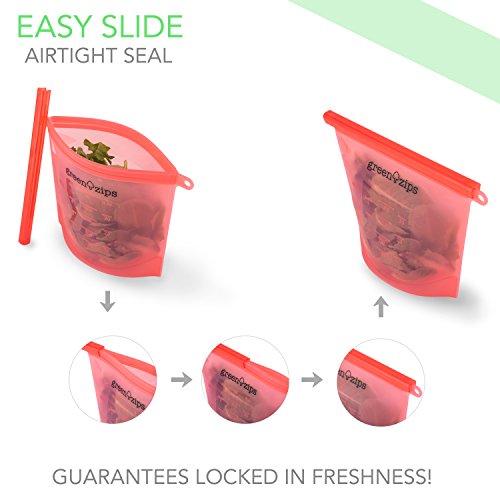 Reusable Silicone Food Storage Bags Set of 4 + Scrubber Sponge - Airtight Preservation Seal Bag For Cooking Snack Sandwich Container Sous Vide Steam Boil Microwave Freezer Dishwasher Safe by GreenZips - Thumbnail 2