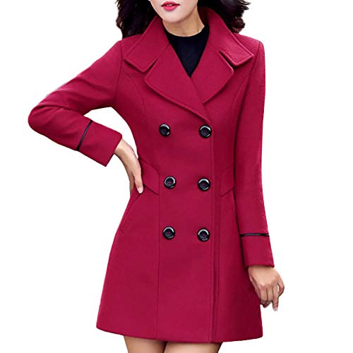Winter Women Thermal Coat,Women Wool Double Breasted Coat Elegant Long Sleeve Work Office Fashion Jacket (Red, M)