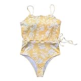 Women's One Piece Swimsuits Ladies Strap Push up Bodysuit Ruched Control Beach Swimwear (M, Yellow)