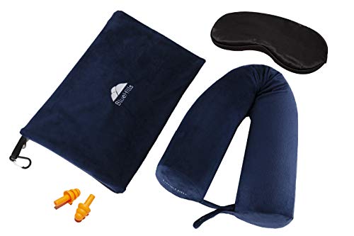 BlueHills Premium Memory Foam Neck Travel Twist Airplane Pillow in Super Soft Velvet Cover & Travel Accessories in Carry case Bag with Hand Luggage Belt and Carabiner Navy (NeckPillow-Navy)