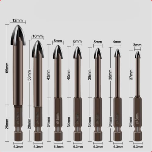 Conjunto de 7 Brocas de Titânio Multifuncionais, Liga Dura Universal para Porcelanato, Metal, Madeira e Plástico, Tamanhos 3-12mm