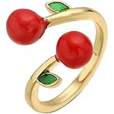 NewZenro Cute Red Cherry Ring for Women Charm 14k Gold Plated Colorful Enamel Food Fruit Lovely Sweet Statement Adjustable Open Band Finger Ring Comfort Fit Fashion Jewelry