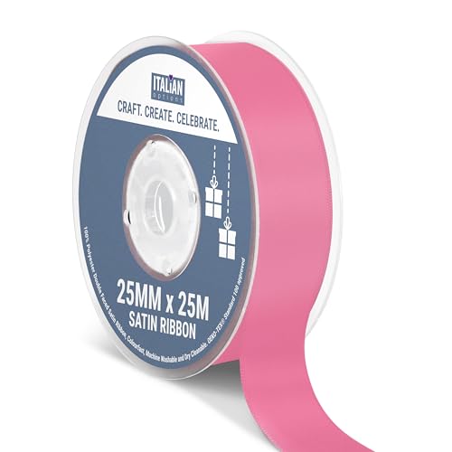 Italian Options Satin Ribbon, Fabric Ribbons for Gift Wrapping, Crafting, Balloons, Wedding Car, Presents, Cake, Christmas, Birthday, Gift Wrap Accessories, 25mm Wide x 25 Metre Roll, Hot Pink