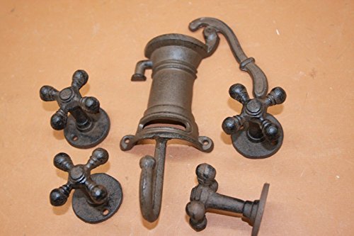 Farmhouse Bathroom Industrial Look Cast Iron Faucet Handle Towel hook Set, Bundle 5 Items