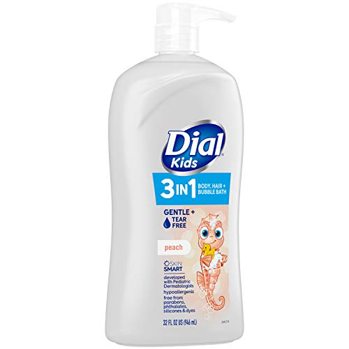 Dial Kids All-in-1 Body + Hair + Bubble Bath, Peach Scent, 32 Fl Oz, Hypoallergenic Body Wash & Shampoo, No Tears Formula for Kids 2+ Years, No Parabens & Silicones