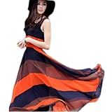 Asoidchi Boho Bohemian Chiffon Stripes Summer Beach One-piece Sleeveless Maxi Dress