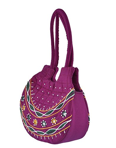 belladona small pot cut mirror work bag in rani pink