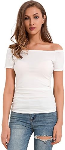 LOBOHO Women's Fashion Off Shoulder Tops Short Sleeve Cotton Casual T-Shirt (Small, White-2)