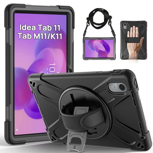 Gerutek Shockproof Case for Lenovo Idea Tab 11 inch 2025/Tab K11 Gen 2/Tab M11/Xiaoxin Pad 11 inch (TB-336ZU/TB-336FU), Heavy Duty Armor Case with 360 Rotating Stand, Hand Strap and Shoulder Strap, Black