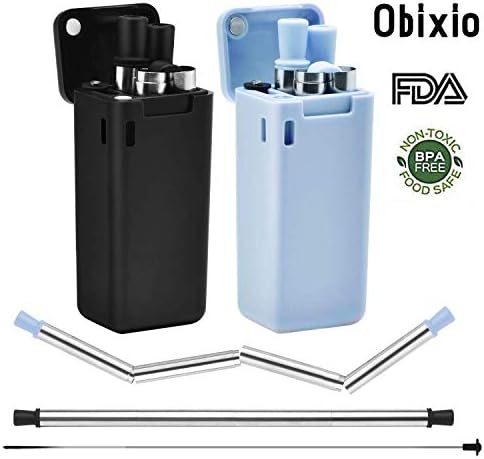 Reusable Collapsible Drinking Straws Ecofriendly-2 Pack, Obixio Folding Drinking Straws Stainless Steel, Fit on Keychain Straws with Case and Brush Cleaner for Outdoor and Household (Black & Blue)