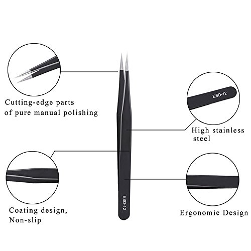 Precision Tweezers Set MANYEE 9 Pcs Professional Anti-Static Stainless Steel Tweezers Kit Non-Magnetic ESD Tweezers with Storage Bag for Electronics Repair, Jewelry-Making,Craft, Soldering - Thumbnail 3