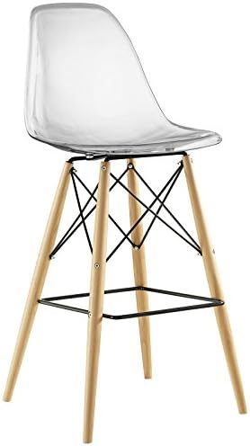 Modway Pyramid Mid-Century Modern Bar Stool with Natural Wood Legs in Clear