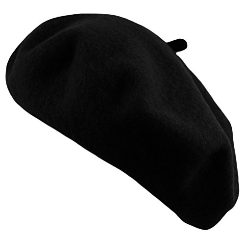 Deewang Women's Men's Solid Color Plain Wool French Beret One Size (Black)