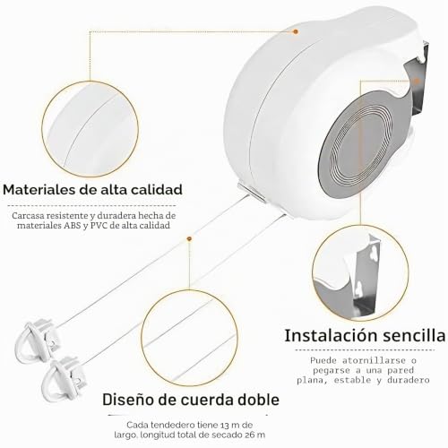 Retractable Clothesline 2 Ropes, 26 m (2 x 13 m) Heavy Duty and Adjustable Rope Extendable Clotheslines for Outdoor and Indoor, Clothing, Towels and Bed Linen
