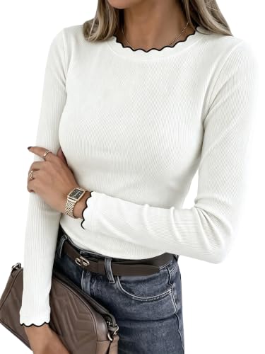 Tankaneo Womens Long Sleeve Shirts Ribbed Knit Scalloped Tops Basic T-Shirt at Amazon