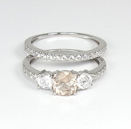 Natural Morganite Engagement Ring Set Sterling Silver 925 / Diamonds/Round-Shaped