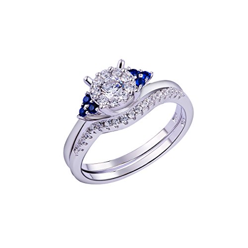 Newshe Round Created Blue Sapphire 925 Sterling Silver Wedding Band Engagement Ring Sets 5-10