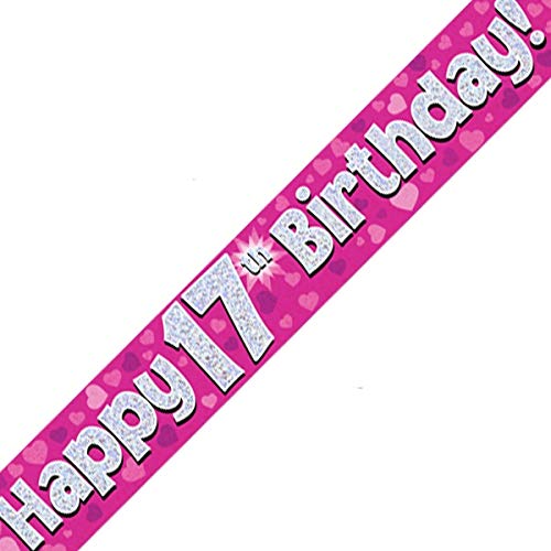 British Ballet® 17th Happy Birthday Banner Pink (2.7m x 13cm) • Age 17 Foil Pennant • Holographic Glitter Foil Party Decoration • 3 x 90cm Banners • Pink Birthday Banner for Girls
