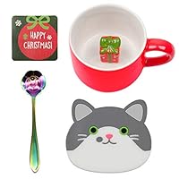 Ozazuco Christmas Coffee Mugs with Cute Figurine Inside, 3D Ceramic Cup Cute Coffee Mug Teacup +1pcs Coffee Tea Spoon and Cat Cup Mat, Christmas Birthday Gift for Friends and Family(Christmas Gift)