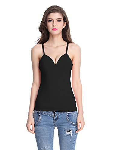 Shymay Women's V Neck Camisole With Build In Bra Padded Spaghetti Strap Tank Top, Black, Tag Size XL=US Size Large