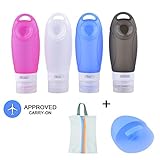 Silicone Travel Bottles with Facial Brush, Edoking TSA Airline Carry-On Approved FDA Certification Three Leakproof Walls Strong Adsorption and Hanger Design( 3oz 4 Pack)
