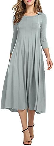 Doramode Womens 3 4 Sleeve Midi Full Crew Neck Swing Mid Loose Pinup Casual Spandex Dress Grey Size 6