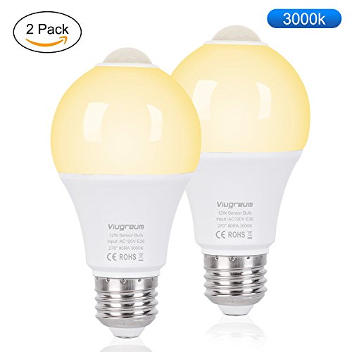 Viugreum Motion Sensor Light Bulbs 12W Dusk to Dawn Led Bulbs Motion Activated E26 Night Bulbs,1000 Lumens 3000K Warm White Bulbs for Stairs, Garage ,Yard ,Porch, Hallway, Patio (Warm white, 2PACK)
