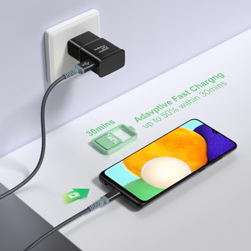 Adaptive Fast Charger and USB-C Cable 10ft(3m), Excgood Type C Cable Fast Charging Compatible with Galaxy A16/A15/A13/A14/A03s, S25 Ultra/S24/S23/S22/S20/S8/9+/10e,Note, Android Phone (2Pack Black)