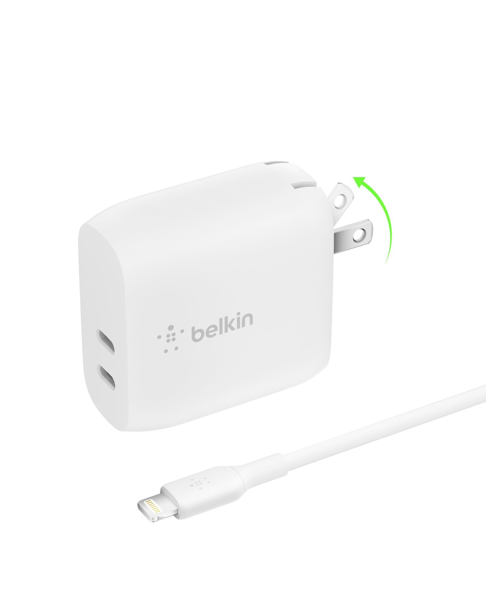 Belkin USB C Charger Block 40W - C to Lightning Cable Included - Dual USB-C Ports for 20W Per Port Fast Power Delivery Charging for Apple iPhone, iPad, & More - White
