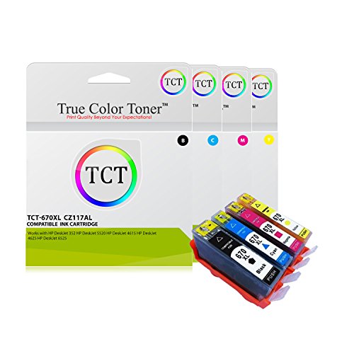 True Color Toner Premium 670XL Color Ink Cartridges Compatible with HP DeskJet 352 HP DeskJet 5520 HP DeskJet 4615 HP DeskJet 4625 HP DeskJet 6525 (4 Pack)