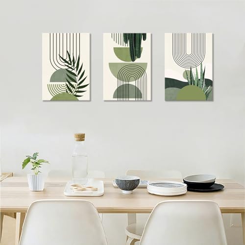 3 Pieces Modern Paintings Sage Green Boho Print on Canvas with Frame Abstract Aesthetic Green Plant Canvas Painting Wall Poster Wall Decor Living Room Bedroom 30 x 40 x 3