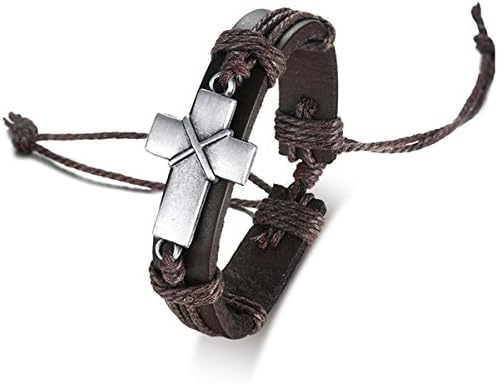 Celokiy Vintage Alloy Cross Leather Bracelet Wristband Handmade Woven Rope,Unisex,Adjustable