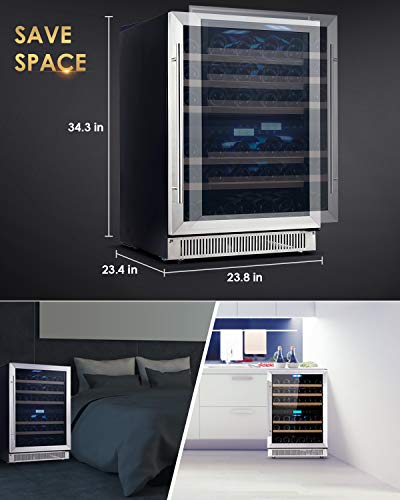 Amaste-Wine-Fridge-51-Bottle-Dual-Zone-Wine-Cooler-24-Bulit-in-or-Freestanding-Wine-Refrigerator-with-Double-Pane-Anti-UV-RaysAnti-frost-Tempered-Glass-Door-Quiet-Compressor-Wooden-Shelves-Blue-LED-Li