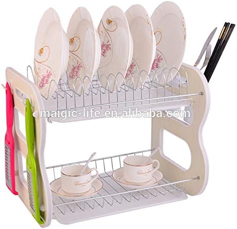 Eqons 2-Tier Dish Rack and Drain Board, Kitchen Chrome Cup Basket Dish Drying Rack Tray Cutlery Dish Drainer (White)