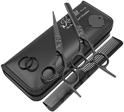 Kanddit Professional Deep Black Hairdressing Scissors Set 5.5 Inch, Solid Black With Case + Comb + Two Finger Inserts Perfect Set