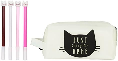 MONSTERZ Silicone Kawaii White Cat Large Pencil Bag Case + 4 MOE Cat Gel ink pens